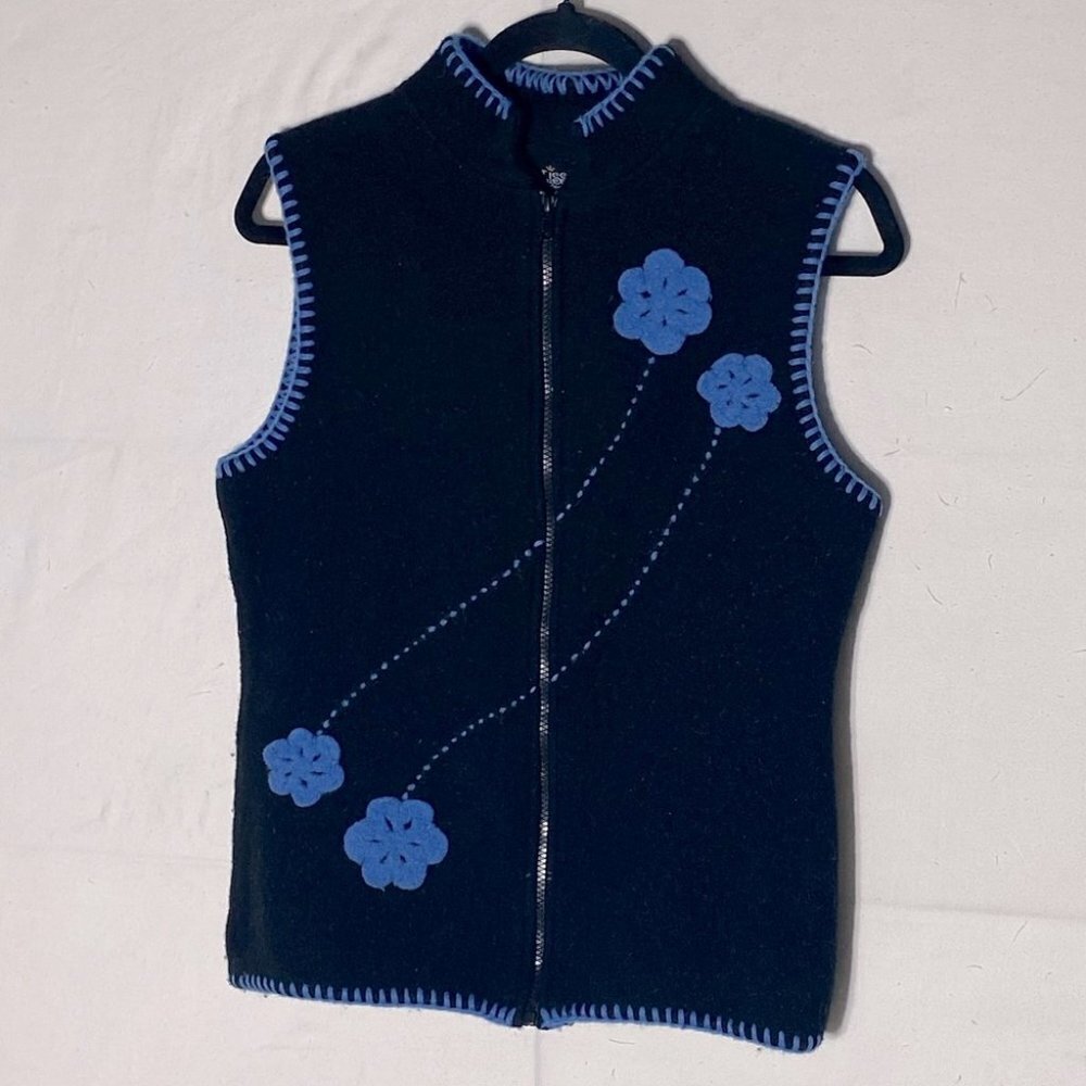Vintage Miss Sweaters Black Wool Zip Front Vest With blue Trim And Flowers S